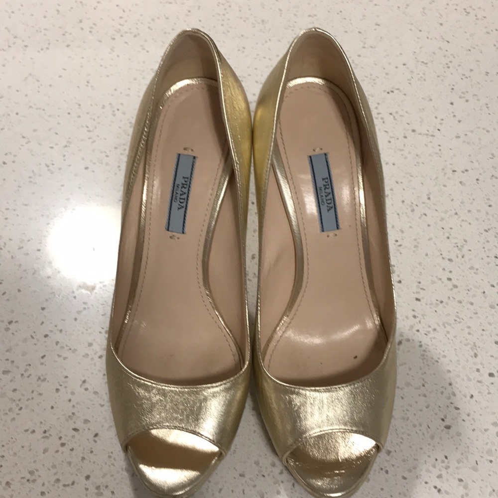 Open Toe, Gold Prada Platform Heels